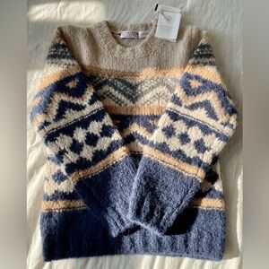 Wool Sweater with Blue and Cream Patterns